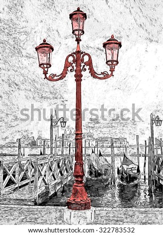 Venetian street lamp in drawing pen style. Venetian Venice, Vene