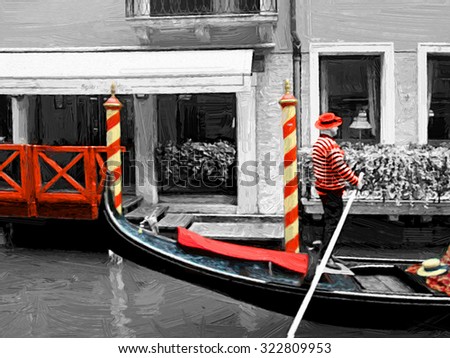 Gondolas on Venice in oil painting style.