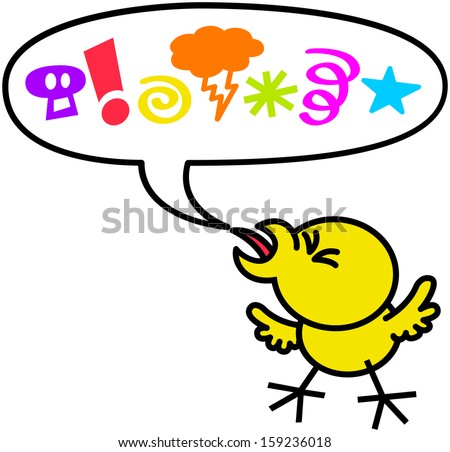 Little chicken in very bad and impolite mood while saying swear words represented by a skull, an exclamation mark, a spiral, a lightning ray, an asterisk, a tornado and a star inside a speech balloon