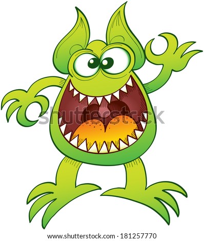 Enthusiastic funny monster widely open its mouth while making an OK sign with its left hand