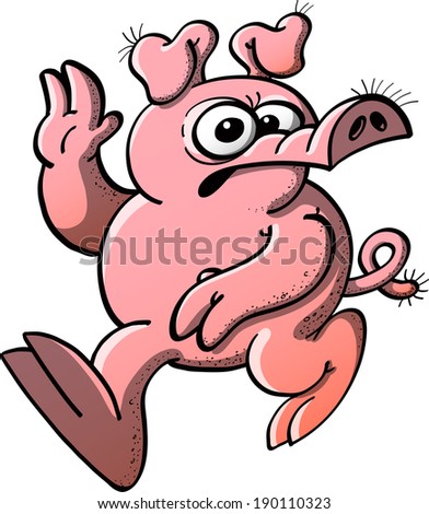Angry and funny pig with curly tail and big snout, while striding, raising its right arm and showing an attitude full of annoyance and disdain