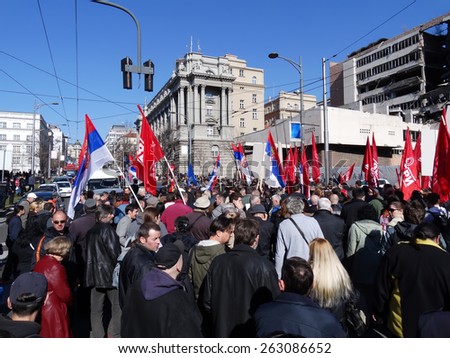 BELGRADE, SERBIA - MARCH 21 2015, a mass of people, walking in the street and protesting, against European Union, NATO and corrupted politicians