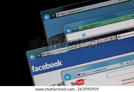 BELGRADE, SERBIA - MARCH 25 2015, social media web sites on a computer screen, Facebook, Twitter, Youtube and Instagram. Social media sites are the most visited web sites in the world