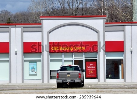 North Bay, Ontario, Canada - April 30, 2015: Front of CIBC banking company in North Bay.