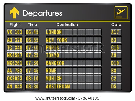Departure board - destination airports. Vector illustration