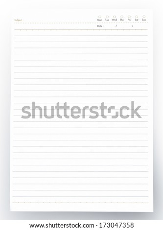 Note book paper sheet isolated on white background