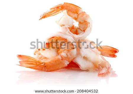 Boiled prawn peeled shrimp ready to cook eat some shadow on white isolated with clipping path.