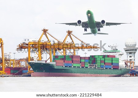 Container at the Dock out door with aircraft flight at airport link.