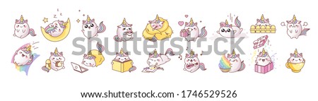 Big set kit collection vector isolated illustration cute unicorn kawaii cartoon japanese style Emoji character sticker emoticon smile emotion mascot