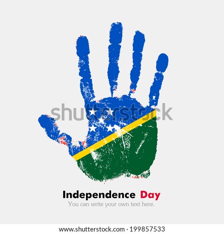 Independence Day. Grungy style. Hand print and five fingers. Used as an icon, card, greeting, printed materials.  Flag of Solomon Islands