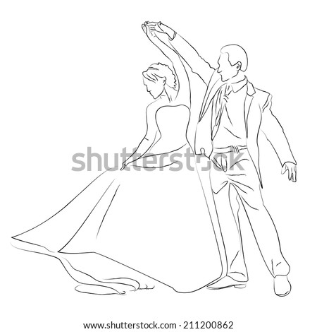 Sketch Doodle Man And Woman Dancing Ballroom Dance. A Woman In A Ball Gown.  A Man