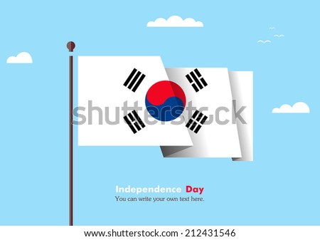 Banner fluttering in the wind on a background of clouds. Flat design. Standard on the flagpole. Blue sky. Independence Day. vector. Icon. Image. Illustration. Picture. Flag of the Republic of Korea