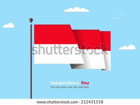 Flat flag against the blue sky. Flat flag fluttering in the wind on a background of clouds. The flat design of the flag on the flagpole. Independence Day. Flag of Indonesia