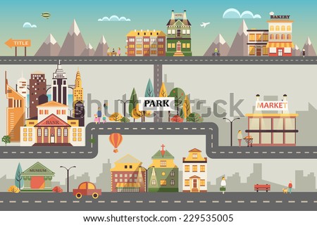 Set of buildings in the style of small business flat design. Roads and city against the sky and snow-capped mountains. Architecture of a town market, salon, pharmacy, bakery, bank, coffee shop