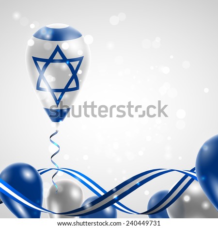 Flag of Israel on balloon. Celebration and gifts. Ribbon in the colors are twisted. Balloons on the feast of the national day.