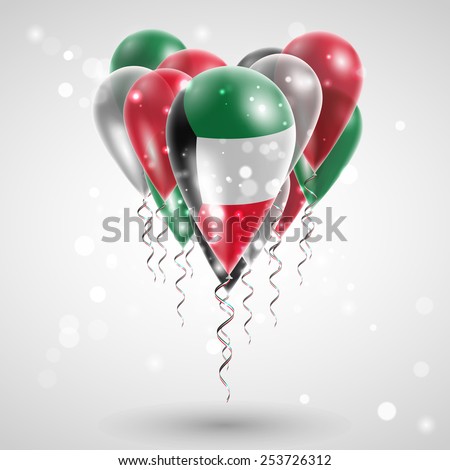 Flag of Kuwait on air balls in heart-shaped. Celebration and gifts. Ribbon in the colors are twisted under the balloon. Independence Day. Balloons on the feast of the national