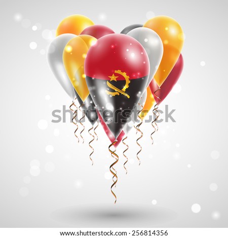 flag of Angola on air balls in heart-shaped. Celebration and gifts. Ribbon in the colors are twisted under the balloon. Independence Day. Balloons on the feast of the national