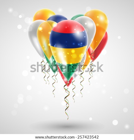 Flag of Mauritius on air balls in heart-shaped. Celebration and gifts. Ribbon in the colors are twisted under the balloon. Independence Day. Balloons on feast of the national