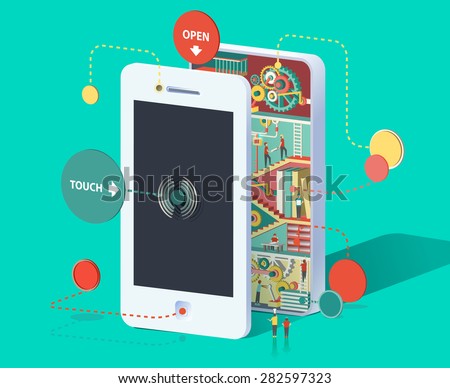 Flat 3d web isometric infographic social media promotion online marketing modern technology communication concept. Huge smartphone micro people work created Spread the word Creative people collection