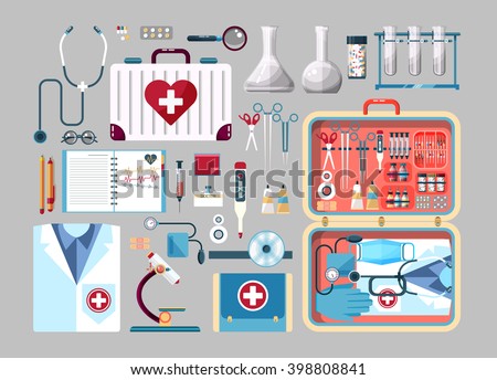 Set Stock vector illustration of medical supplies, drugs, pills, tools, clothing, suitcase in flat style element for infographic, website, icon, games, motion design, video