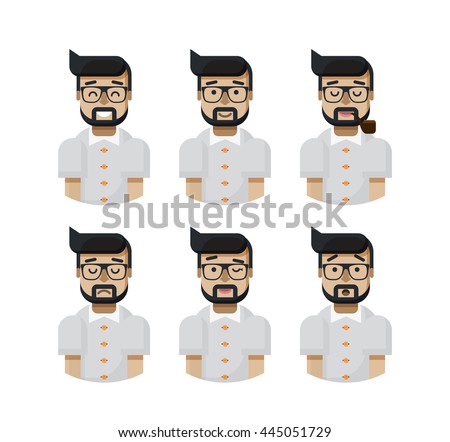 Stock vector illustration set male avatars, with wide and slight smile, with pipe in mouth, upset, winks, surprised, Emoji, avatar beard glasses flat-style