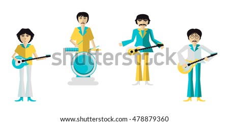 Group of musicians on white background drummer guitar bass solo singer flat design style Illustration stock vector Icon Image set artist band music rock sing sound character retro man cartoon