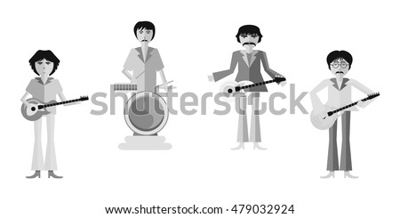 Group musicians on white background drummer guitar bass solo singer flat design style Illustration stock vector Icon Image set artist band music rock sing sound character retro man cartoon black grey