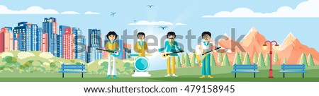 Group street musicians playing musical instruments background urban landscape header title website banner footer site slide Image Vector Illustration Stray artists beatle band drummer guitar music