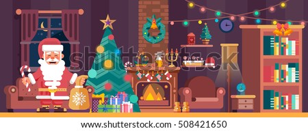 Stock vector illustration of the cozy Merry Christmas interior with spruce and fireplace, decorations, Santa Claus with a bag of gifts in a flat style background design element for Happy New Year 2017