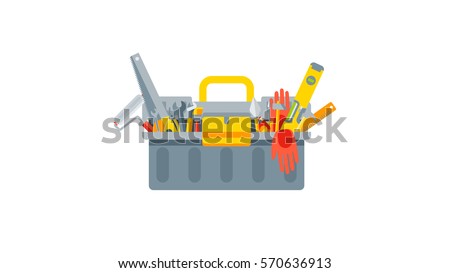 Stock vector illustration set isolated icon closed tool box building tools repair, construction of buildings, drill, hammer, screwdriver, saw, putty knife, ruler, helmet, roller, brush, kit flat style