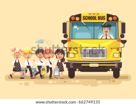 Stock vector illustration back to school cartoon characters schoolboy schoolgirls pupils apprentices cute cheerful children at stop go board bus with driver on yellow background flat style