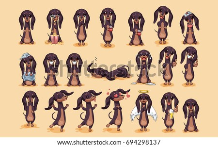 Set kit vector stock illustration emojis of cartoon character dog talisman, phylactery hound, mascot pooch, bowwow dachshund stickers emoticons German badger-dog with different emotions design element