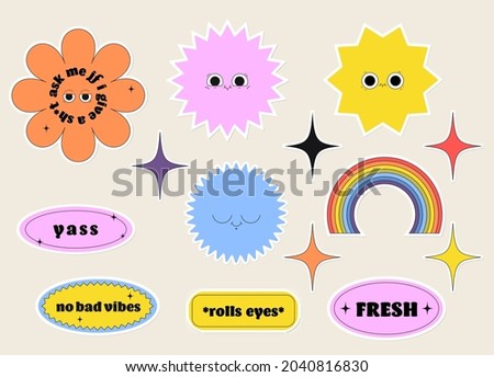 Cute minimalistic vector sticker pack. A bundle of colourful retro shapes with phrases. Stars, flowers, rainbow with funny faces. Editable badge clipart design.