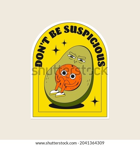 Cute vector fruits sticker pack. A cool suspicious avocado and tangerine with funny faces. Flat line art illustration. Colourful original trendy character. Childish set of drawings.