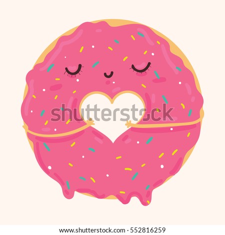 Vector illustration of cute pink cartoon donut with heart and face, can be used for valentine's day greeting cards, party invitations, posters, prints and books 商業照片 © 