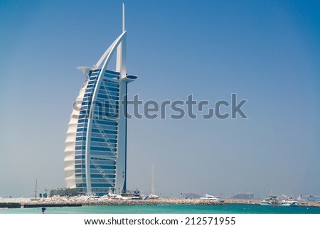 DUBAI - JUNE 10, 2014 - Burj Al Arab hotel on June 10, 2014 in Dubai. Burj Al Arab is a luxury 7 star hotel in Dubai