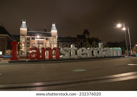 AMSTERDAM, THE NETHERLANDS - September 19, 2014: I am Amsterdam logo at Museum Square at night on September 19, 2014.