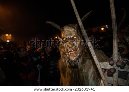 GUSSWERK, AUSTRIA - NOVEMBER 30, 2013 - Traditional Devil run (Krampuslauf) during the Christmas time.
