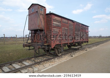 Auschwitz Birkenau a former Nazi extermination camp in Brzezinka, Poland near Oswiecim. This wagon of train has deported prisoners to the camp