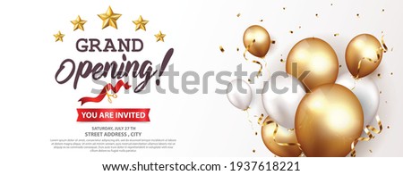 Grand opening card design with gold ribbon and confetti	
 Сток-фото © 