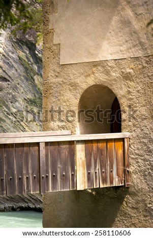 Detail of a tower. Medieval castle Altfinstermunz, in the valley of the Inn River, European Alps, near the village Nauders. The castle was built in 1472.
