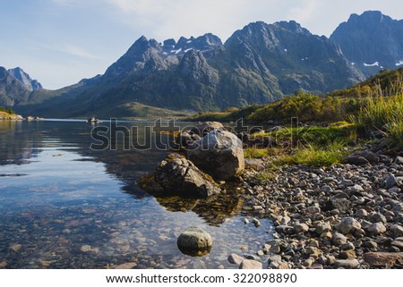 Beautiful Vibrant Norwegian Mountain Landscape with fjord, lake, mountain, Lofoten Islands, Norway, Norge