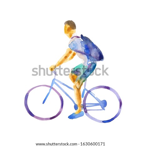 Watercolor painting illustration: man rides a bicycle. Side view. Staffage.