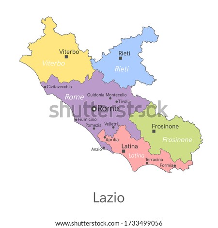 Vector illustration: administrative map of  Lazio with the borders of the provinces. Names of cities, regions and communes of Lazio