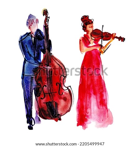 Watercolor hand drawn illustration: musical band, man with double bass and woman with violin