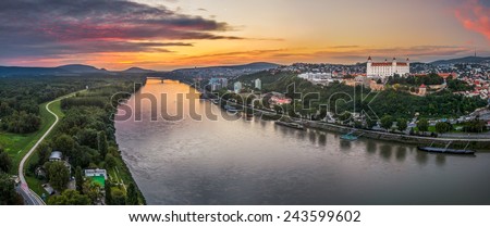 Castle of Bratislava on the Right Bank of Danube River at Sunset