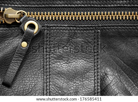 Black leather bag part with zip for background