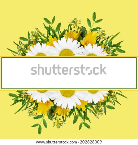 Wild flowers arrangement and frame on yellow background