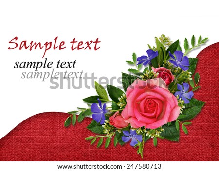 Roses and wild flowers bouquet on white and red background