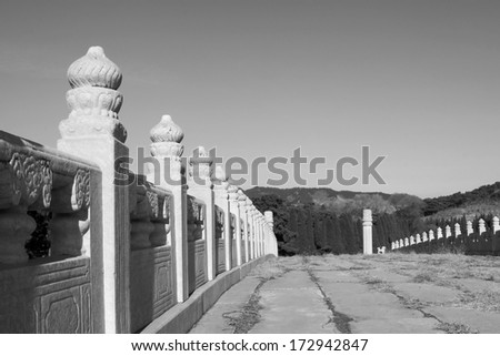 ancient Chinese traditional style of white marble stone bridge railings, in the Eastern Tombs of the Qing Dynasty, china